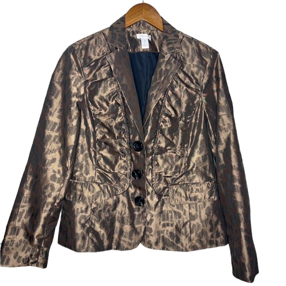 Chico's Satin Feel Leopard Print Blazer Jacket Size 8 Brown Long Sleeve Lined